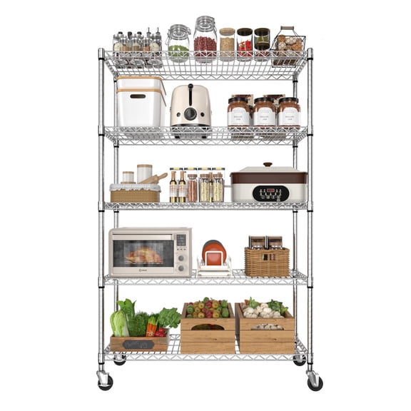 VEIKOUS 5-Tier Heavy Duty Wire Shelving Unit with Wheels, 72''x48''x18'' NSF Certified, Adjustable Storage Rack for Kitchen, Garage, Chrome
