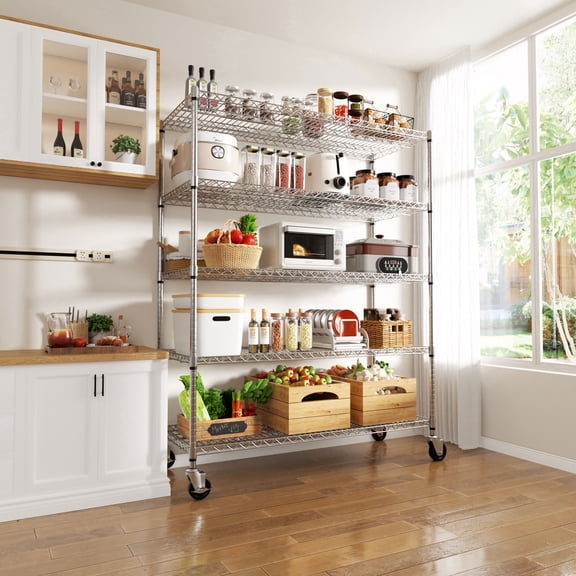 VEIKOUS 5-Tier Shelving Unit with Wheels, 72'' x 60'' x 24'' 3000 LBS Heavy Duty Storage Rack with Adjustable Shelves, Anti-Tip System, Metal Wire Shelf for Kitchen, Warehouse, Chrome