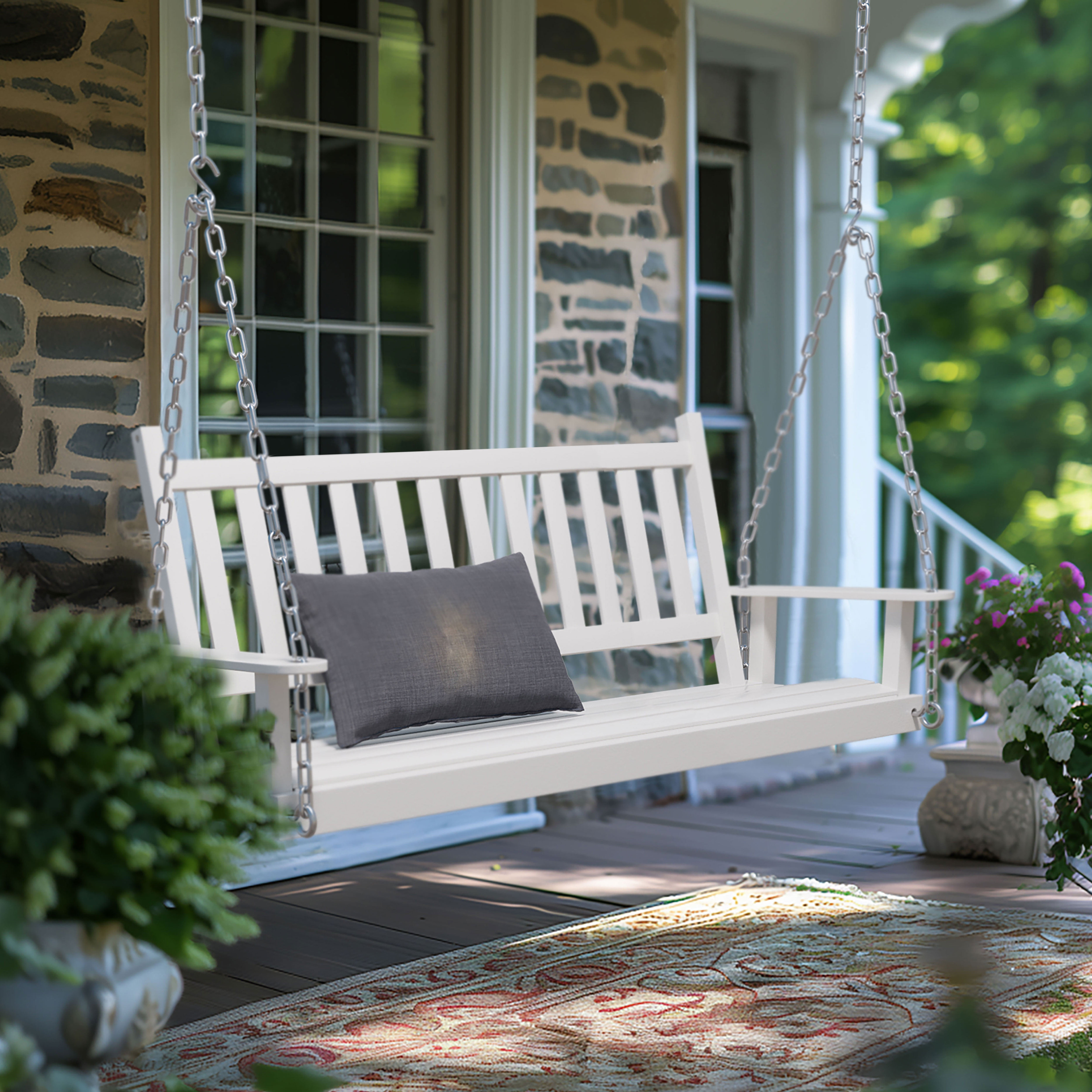 VEIKOUS 5FT White Wooden Porch Swing Bench with Chains, Waterproof, for ...