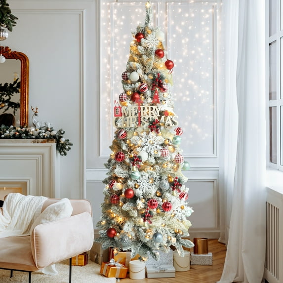 VEIKOUS 5ft Christmas Pre-Lit Pencil Tree Snow Flocked with 150 LED Lights, Green