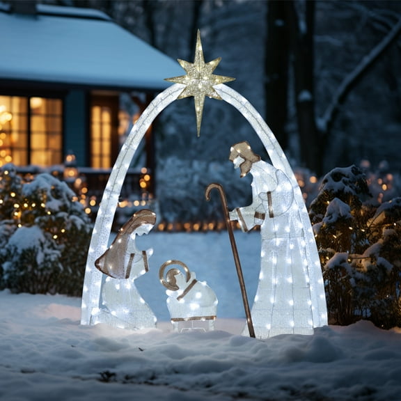 VEIKOUS 5ft Christmas Nativity Scene Decor, Pre-Lit Holiday Yard Decor Set with 150 LED Lights for Indoor and Outdoor ,White