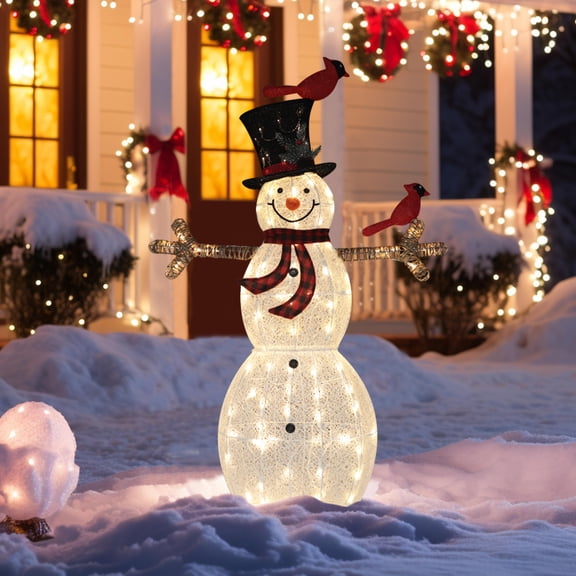 VEIKOUS 5ft Lighted Christmas Snowman Decorations w/ Top Hat, Red Birds, 90 LED Lights and Ground Stakes, White