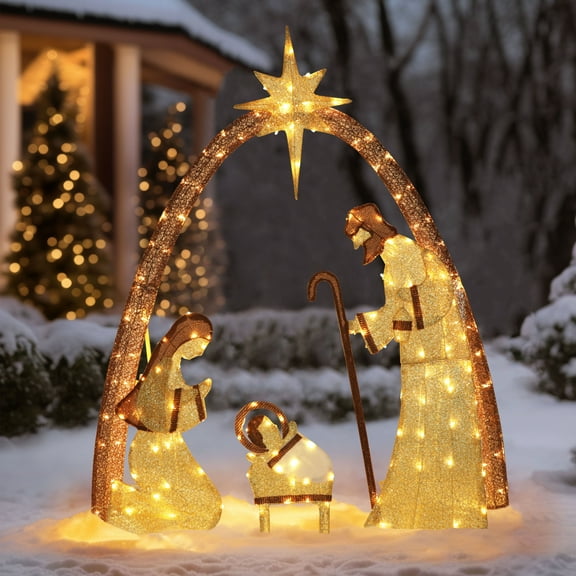 VEIKOUS 5ft Lighted Nativity Scene Outdoor Christmas Decor Indoor Holiday Yard Decor Nativity Set w/ Lights, Gold