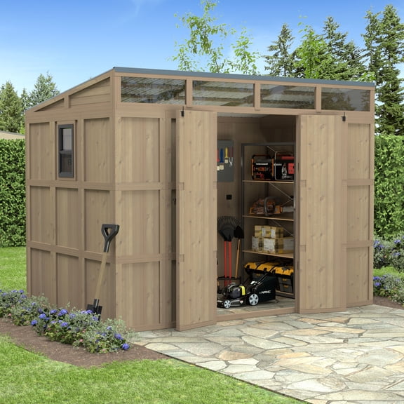 VEIKOUS 6'10' Outdoor Cedar Wood Storage Shed, Weatherproof Tool Organizer with Lockable Double Doors & PC Translucent Roof