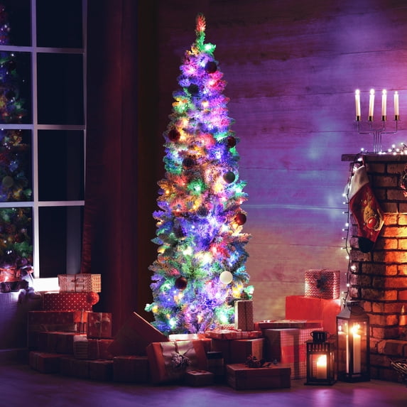 VEIKOUS 6.5' Christmas Pencil Tree, Pre-Lit Flocked Slim Xmas Tree W/ 200 Multi-Color Twinkling LED Lights, Green