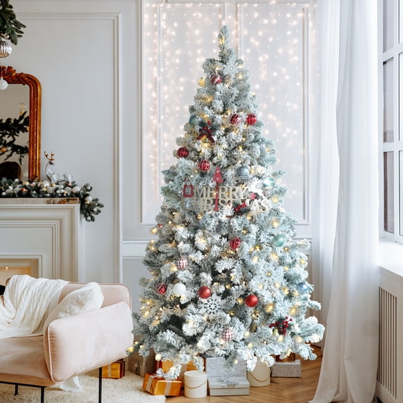 VEIKOUS 6.5ft Pre-lit Christmas Tree Snow Flocked w/ 250 LED Lights, 700 Branch Tips & Metal Stand