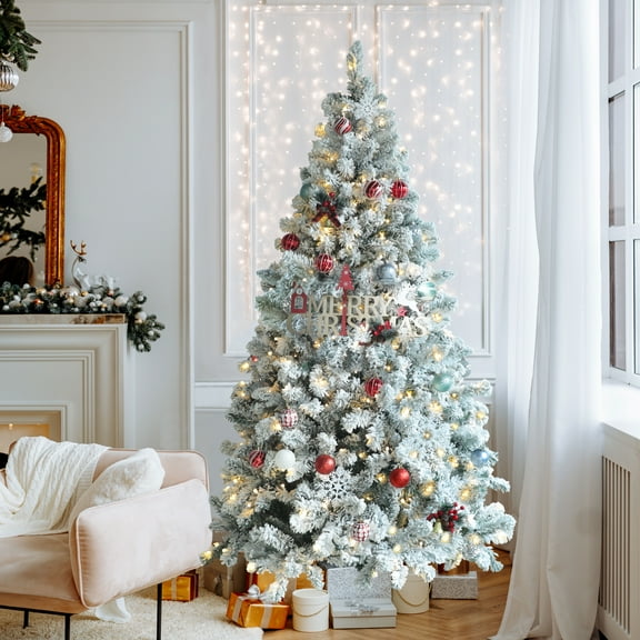 VEIKOUS 6.5ft Pre-lit Christmas Tree Snow Flocked w/ 250 LED Lights, 700 Branch Tips & Metal Stand