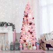 VEIKOUS 6.5ft Pink Christmas SlimTree, Pre-Lit Pencil Artificial Hinged Tree W/ Metal Stand for Holiday Decoration, Pink