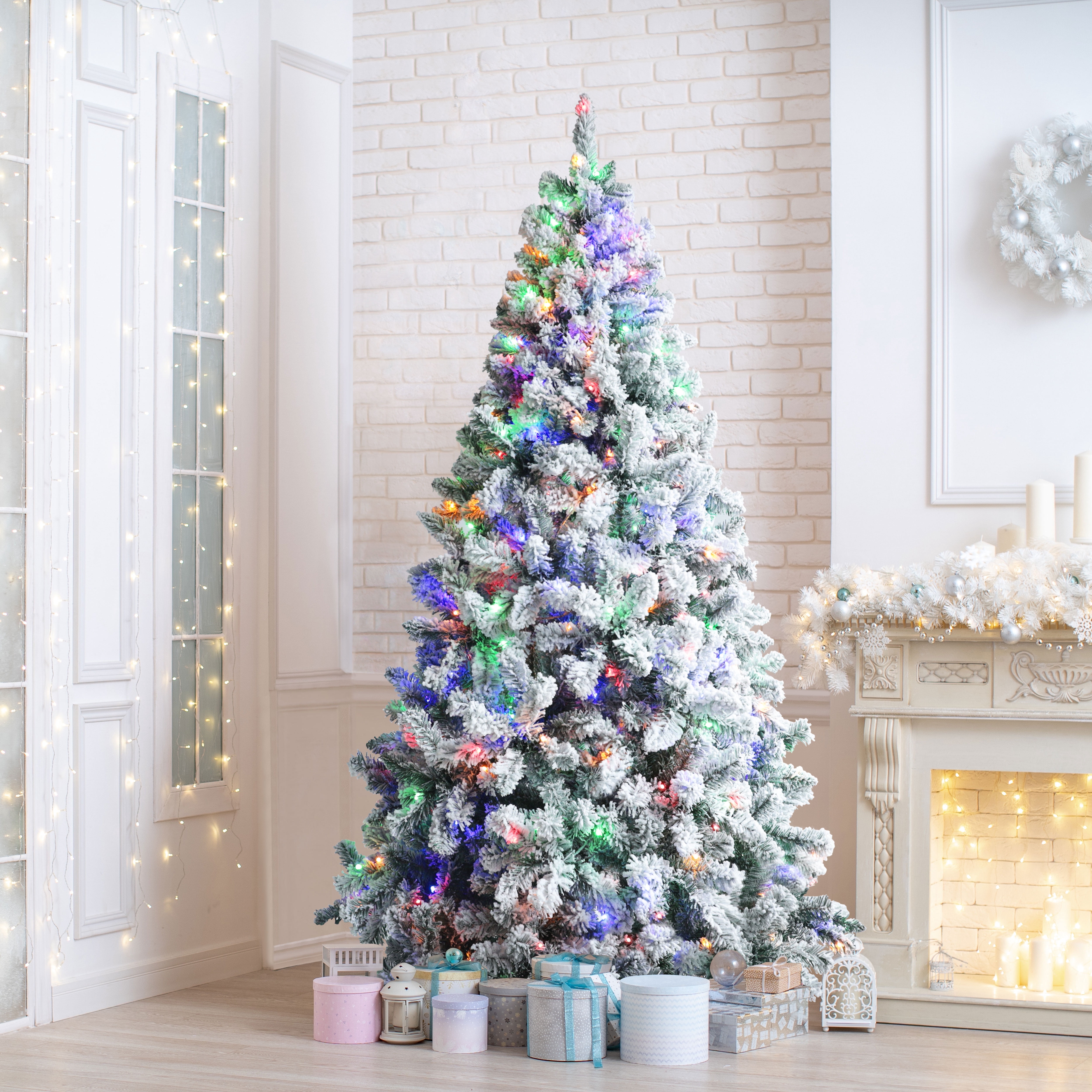VEIKOUS 6.5ft Pre-Lit Christmas Tree Flocked Pine Tree W/ 350 Multi-Color Changing LED Lights for Holiday, Green