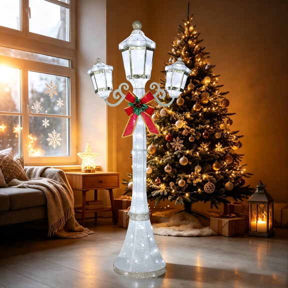 VEIKOUS 6ft Lighted Christmas Lamp Post, 180 LED Cool White Lights 3Lantern Street Lamp with Removable Red Bow, Glitter Mesh Light up Holiday Decor, White