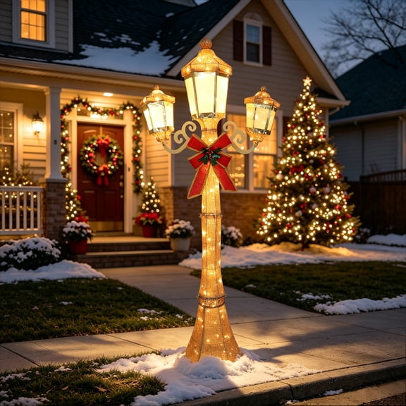 VEIKOUS 6 FT Lighted Christmas Lamp Post, 180 LED Warm White Lights 3Lantern Street Lamp with Removable Red Bow, Golden Glitter Mesh Light Up Holiday Decor, Gold