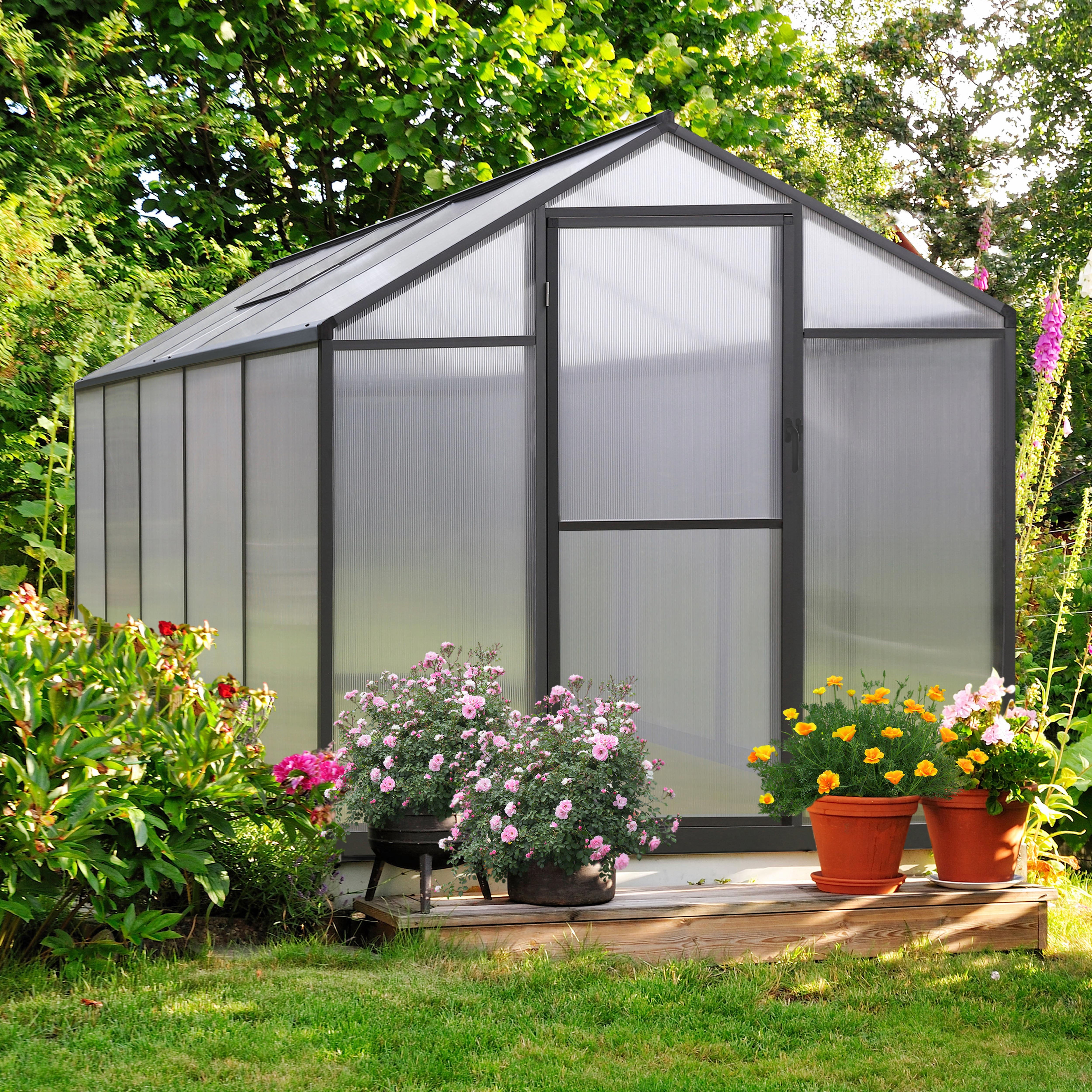VEIKOUS 6' x 10' Walk-in Polycarbonate Greenhouse for Outdoor with Aluminum Frame, Lockable Door and Window , Gray