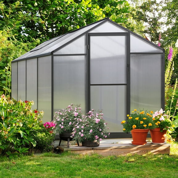 VEIKOUS 6' x 8' Greenhouse for Outdoor Heavy Duty Polycarbonate Garden Plants Greenhouse Kit W/ Aluminum Frame, Lockable Door and Window, Grey