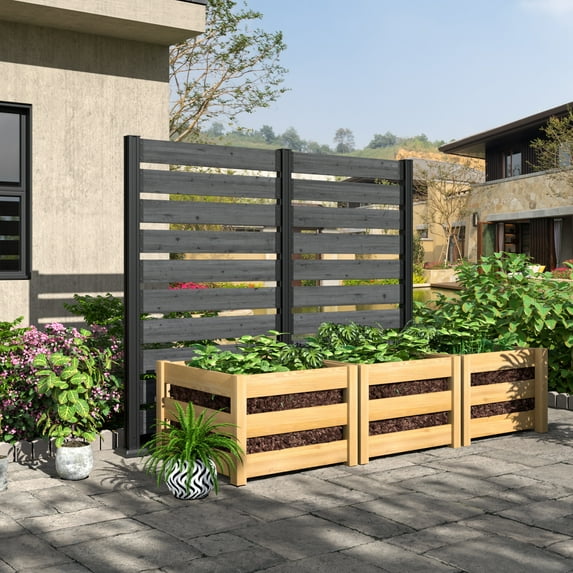 VEIKOUS 60"H x 78"W Freestanding Privacy Screen W/ Metal Stakes & Ground Fixed, 2-Panel Windproof Outdoor Divider Screen for Garden, Pool, Black