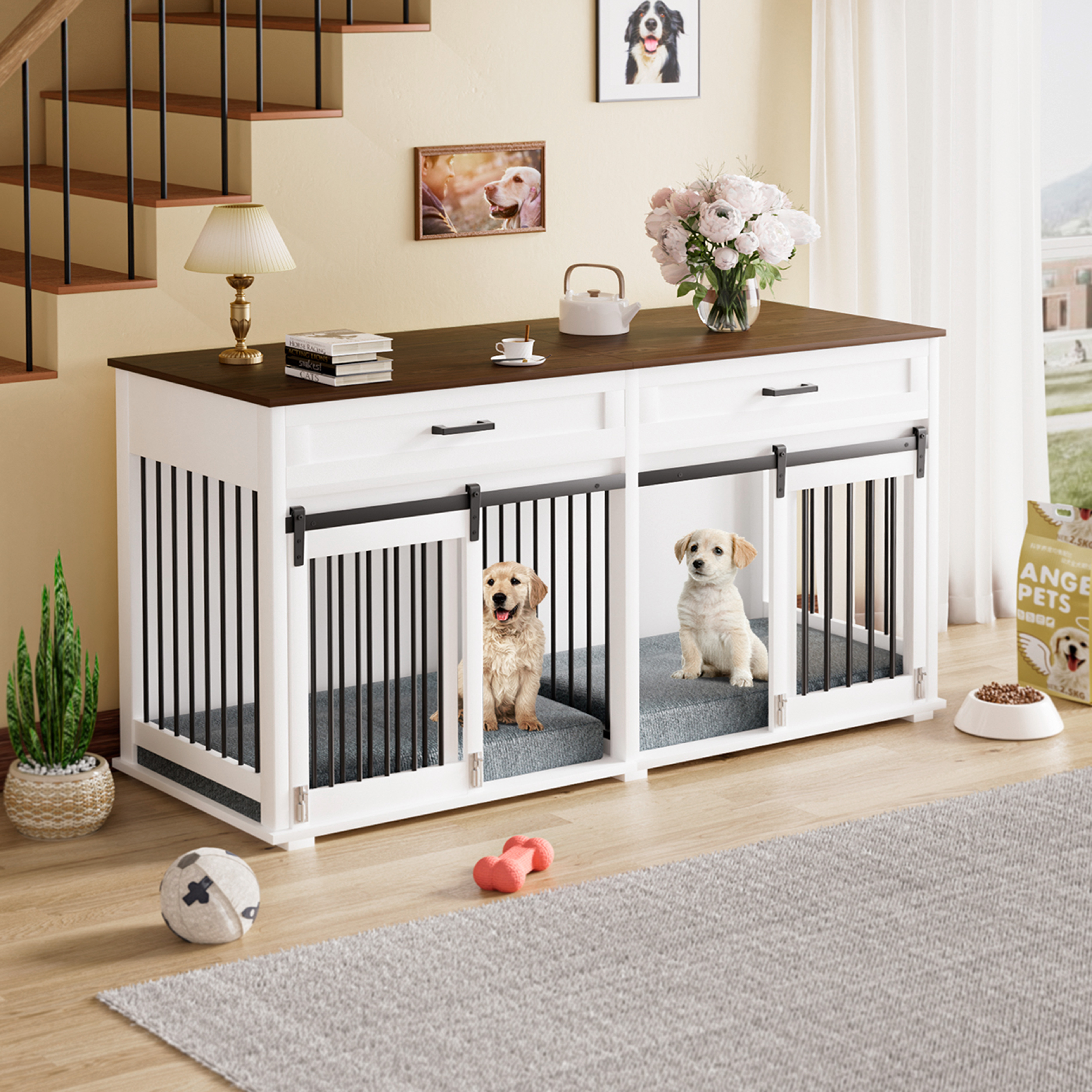 VEIKOUS Large Dog Crate FurnitureStyle Kennel for 2 Dogs w/ Moveable