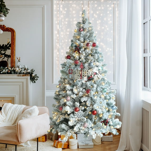 VEIKOUS 6ft Clear Prelit Christmas Tree Full Flocked Pine Tree Artificial w/ Metal Stand, Green