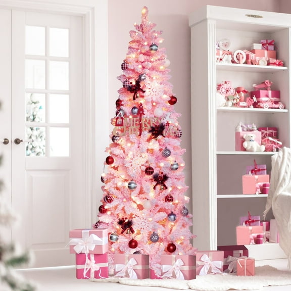 VEIKOUS 6ft Pre-Lit Christmas Slim Pencil Tree for Holiday Decor w/ 200 Lights and 600 Tips, Pink