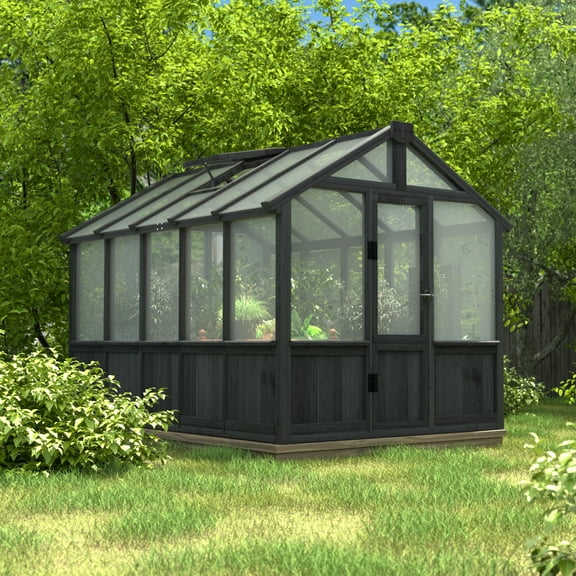 VEIKOUS 6ft x 10ft Outdoor Walk-in Cedar Wood Greenhouse W/ Polycarbonate Panels, Adjustable Roof Vents & Lockable Door, Black