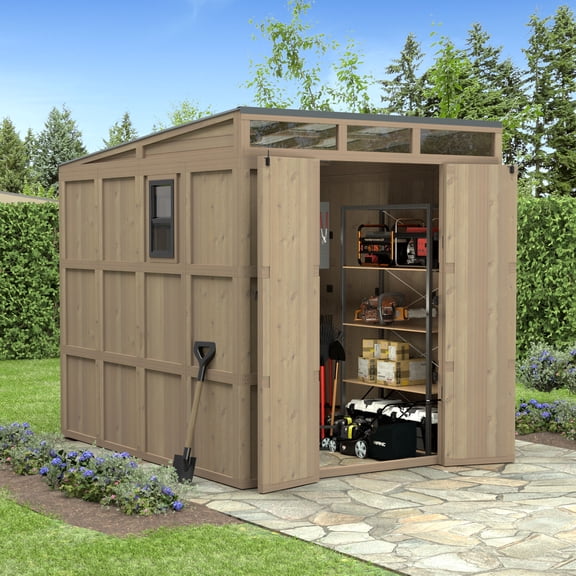 VEIKOUS 7.5' 7' Outdoor Cedar Wood Storage Shed, Lockable Tool House with PC Skylight & Vent Window, Brown