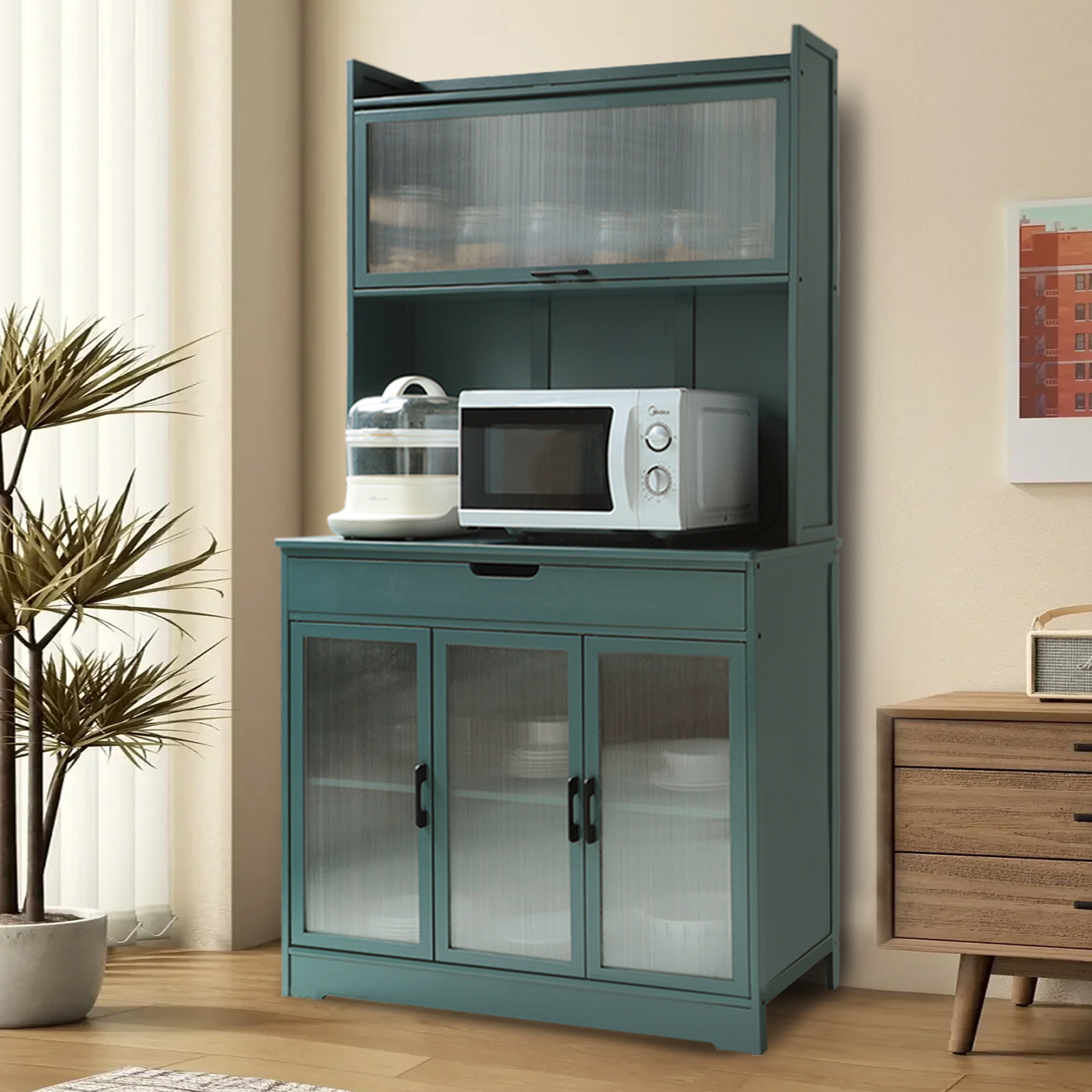 VEIKOUS 71'' Kitchen Pantry Bamboo Hutch w/ Stand for Microwave