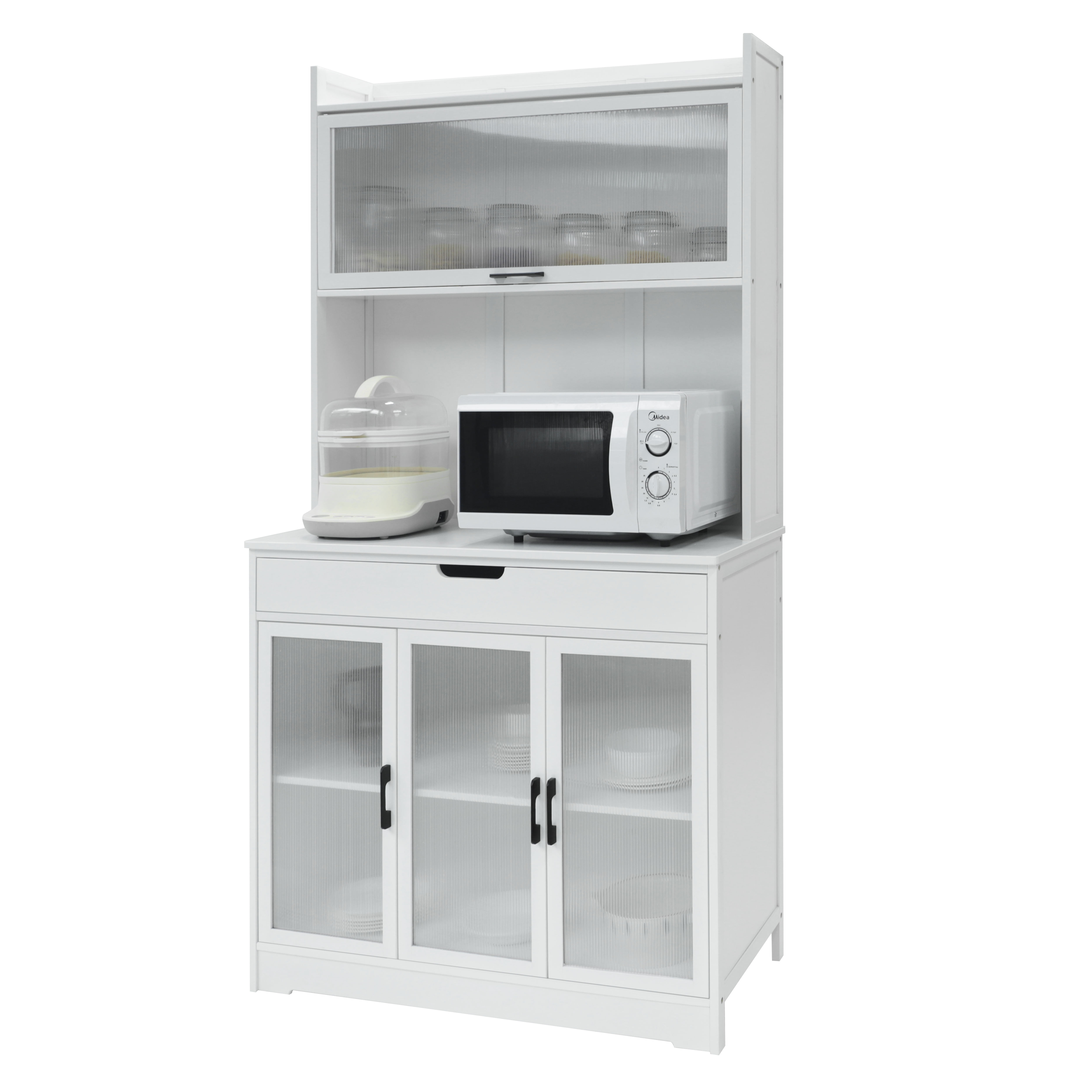 VEIKOUS 71'' Kitchen Pantry Bamboo Hutch w/ Stand for Microwave