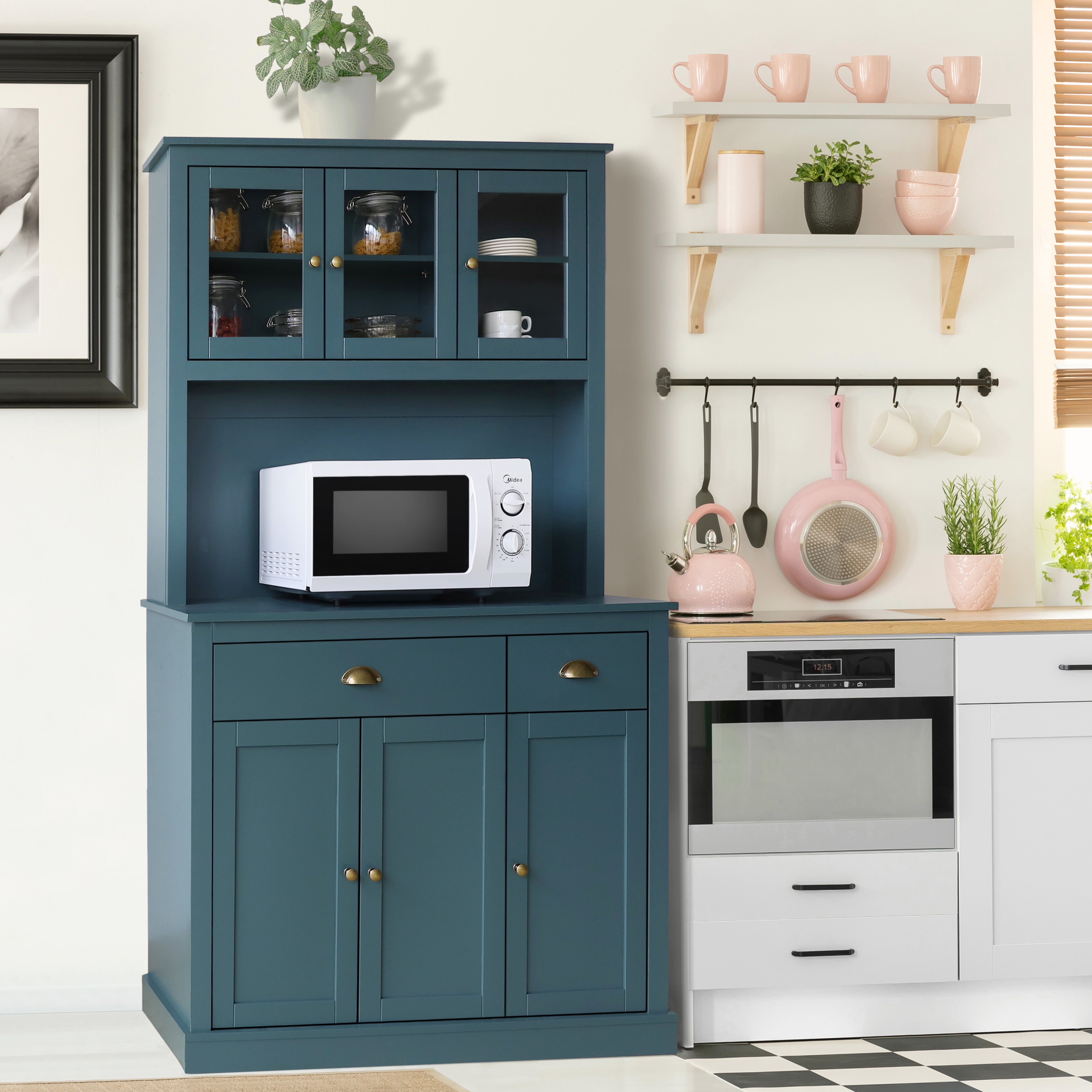 VEIKOUS 71'' Kitchen Pantry Storage Cabinet, Buffet  Cabinet w/Hutch and Glass Doors, Shelves, Blue