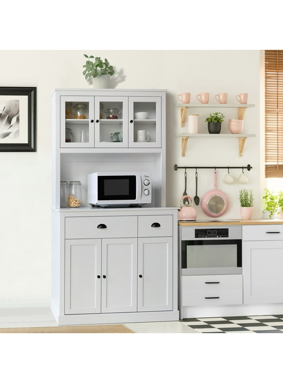 VEIKOUS 71'' Pantry Cabinet, Kitchen Storage Cabinet w/Glass Doors, Microwave Stand & Large Buffet Cupboard, White