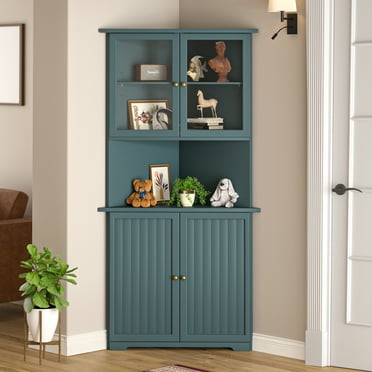 VEIKOUS 71'' Tall Wood Corner Storage Cabinet, Mordern Space Saver w/Doors & Shelves, Blue