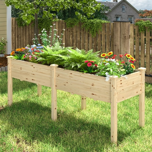 VEIKOUS 72.4" Wooden Raised Garden Bed, 6.8 Cu Ft Capacity Elevated Planter Box w/ Drainage Holes for Vegetables, Flowers, Herb, Natural