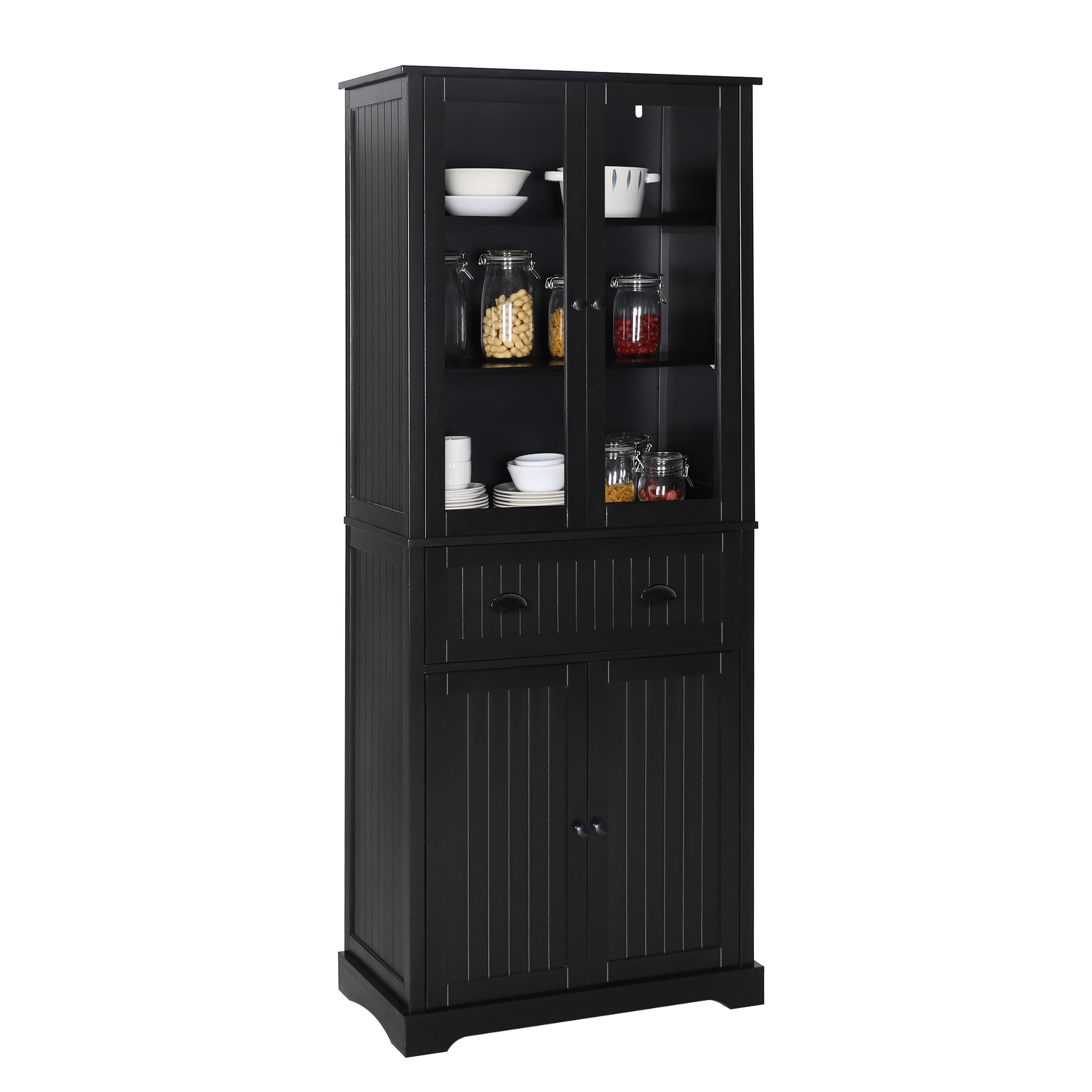VEIKOUS 72'' Kitchen Pantry Storage Cupboard w/Framed Glass Doors and Drawer, Black