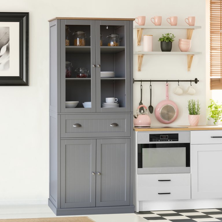 VEIKOUS 71'' Kitchen Pantry Hutch Cabinet, Pantry Storage Hutch w/Microwave  Stand and Buffet Cupboard, Gray