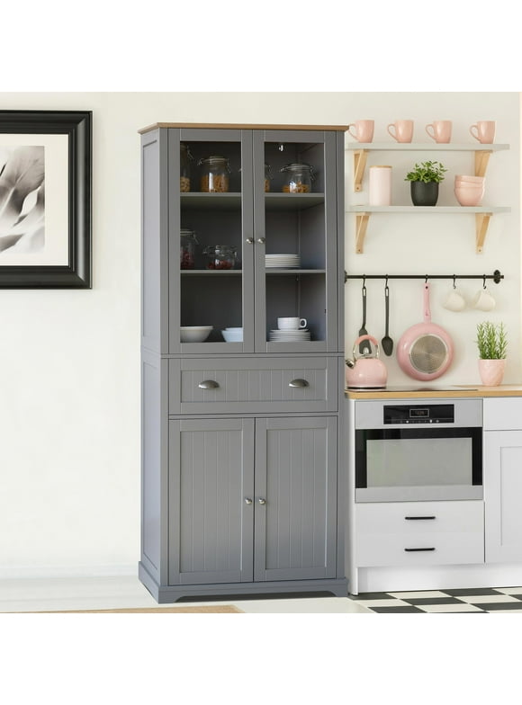 VEIKOUS  72" Pantry Buffet with Hutch, Freestanding Kitchen Pantry Storage Cabinet Cupboard with Glass Doors, Grey