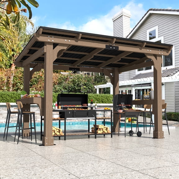 VEIKOUS 8' x 10' Outdoor Hardtop Gazebo, BBQ Grill Gazebo W/ Workstation Shelves for Lawn, Garden, Deck