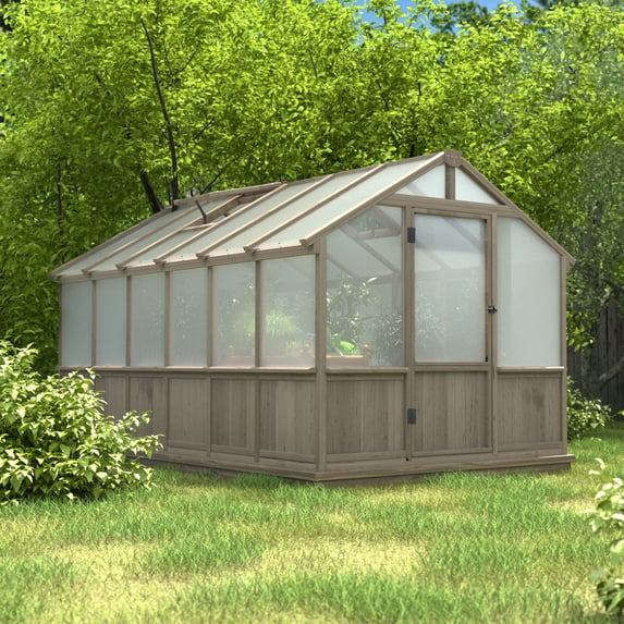 VEIKOUS 8 x 12ft Outdoor Wooden Walk-in Greenhouse W/ Adjustable Ventilation Window and Lockable Door, Light Mocha Brown