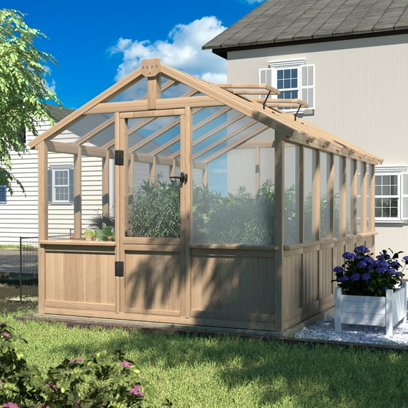 VEIKOUS 8' x 14' Outdoor Walk-in Cedar Wood Greenhouse with Adjustable Windows and Lockable Door, Light Mocha Brown