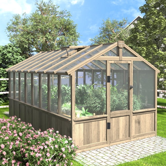 VEIKOUS 8' x 16' Walk-in Cedar Wood Greenhouse, Outdoor Greenhouse with Adjustable Windows and Lockable Door, Light Mocha Brown