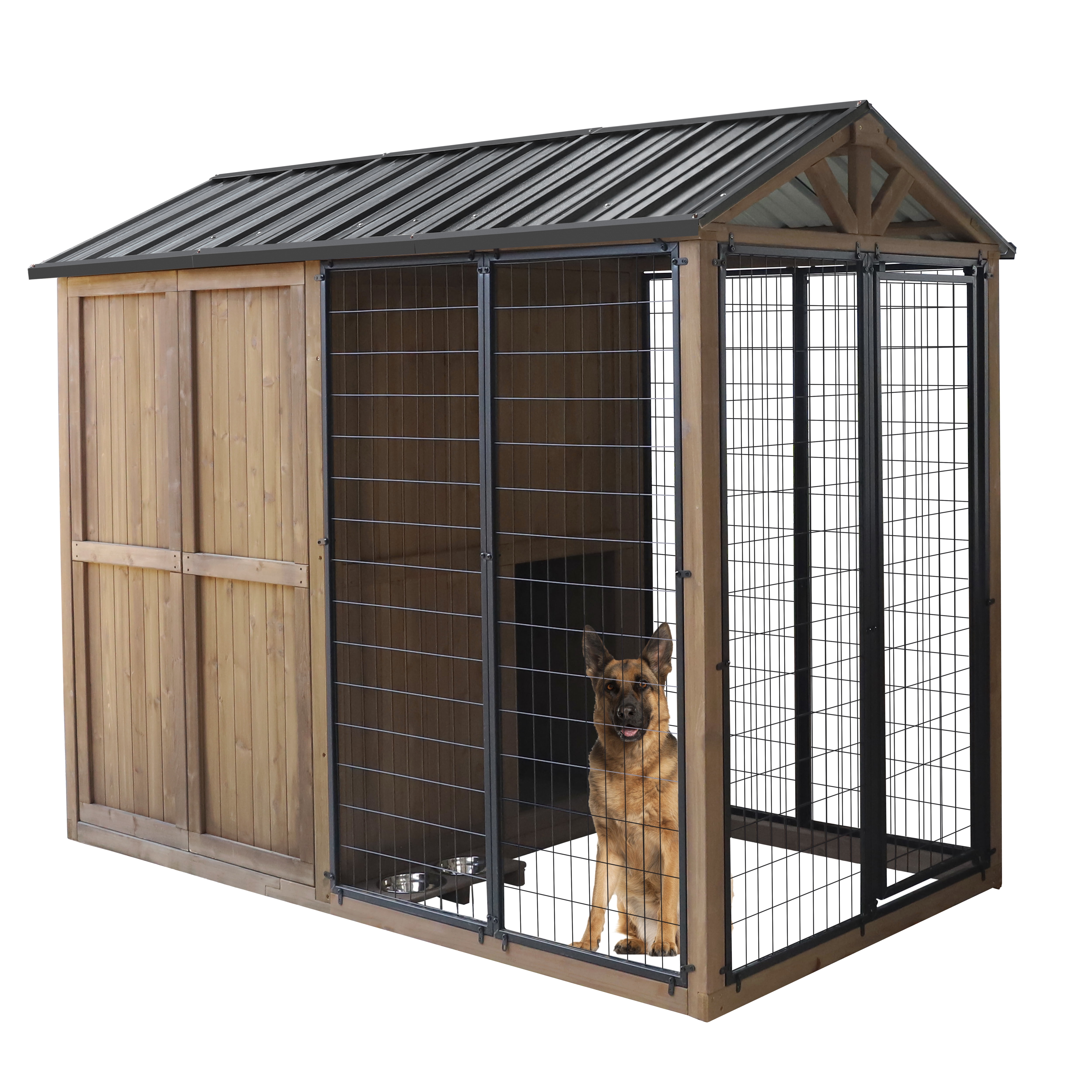 VEIKOUS 8' x 4' Large Outdoor Dog Kennel, Walk-in Partition Design Dog House with Double Doors & Observation Window, Pet Shelter with Waterproof Roof, Stainless Steel Bowls for Large Breeds