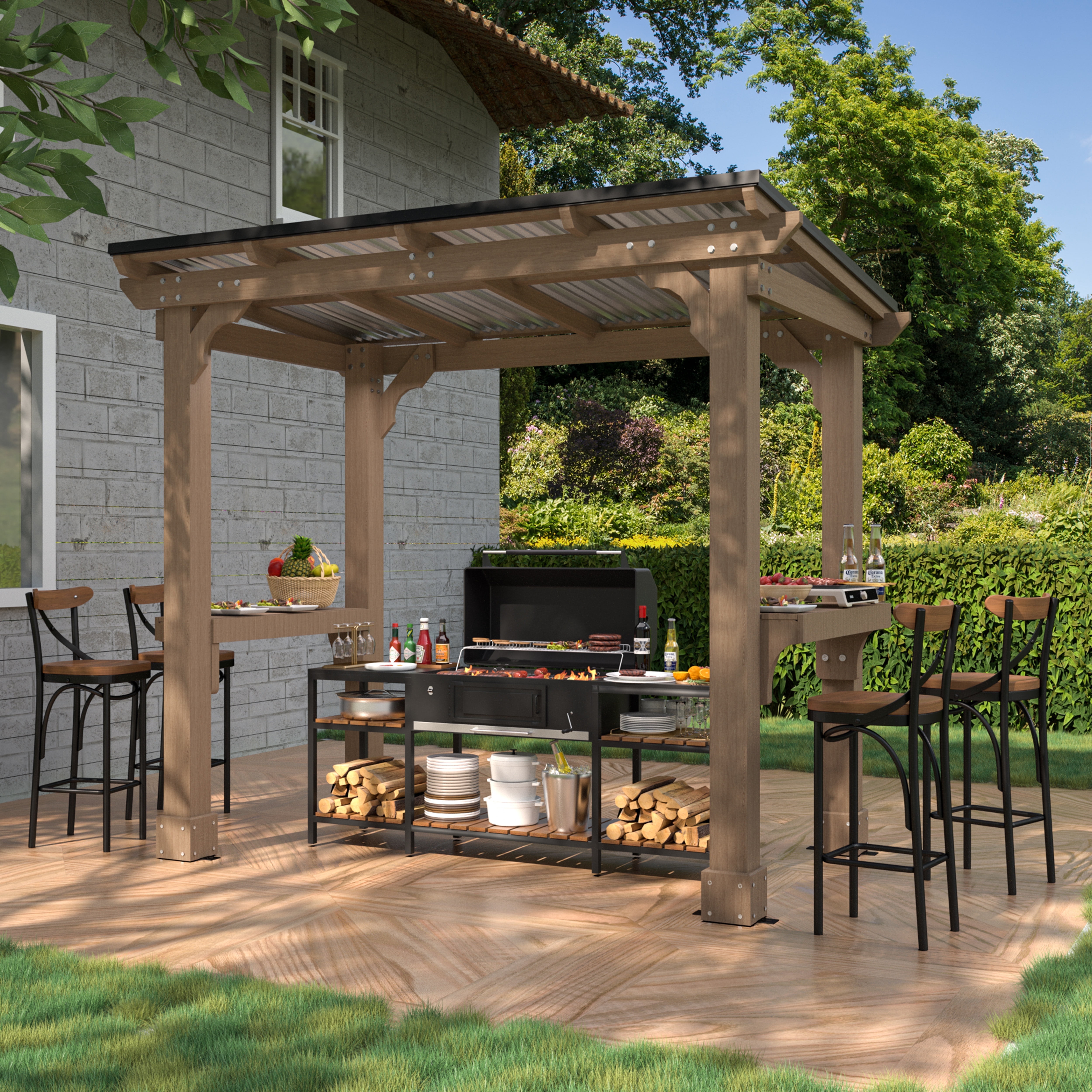 VEIKOUS 8' x 5' Outdoor Grill Gazebo w/Workstation Shelves, Multi-Use Gazebo for Lawn, Garden