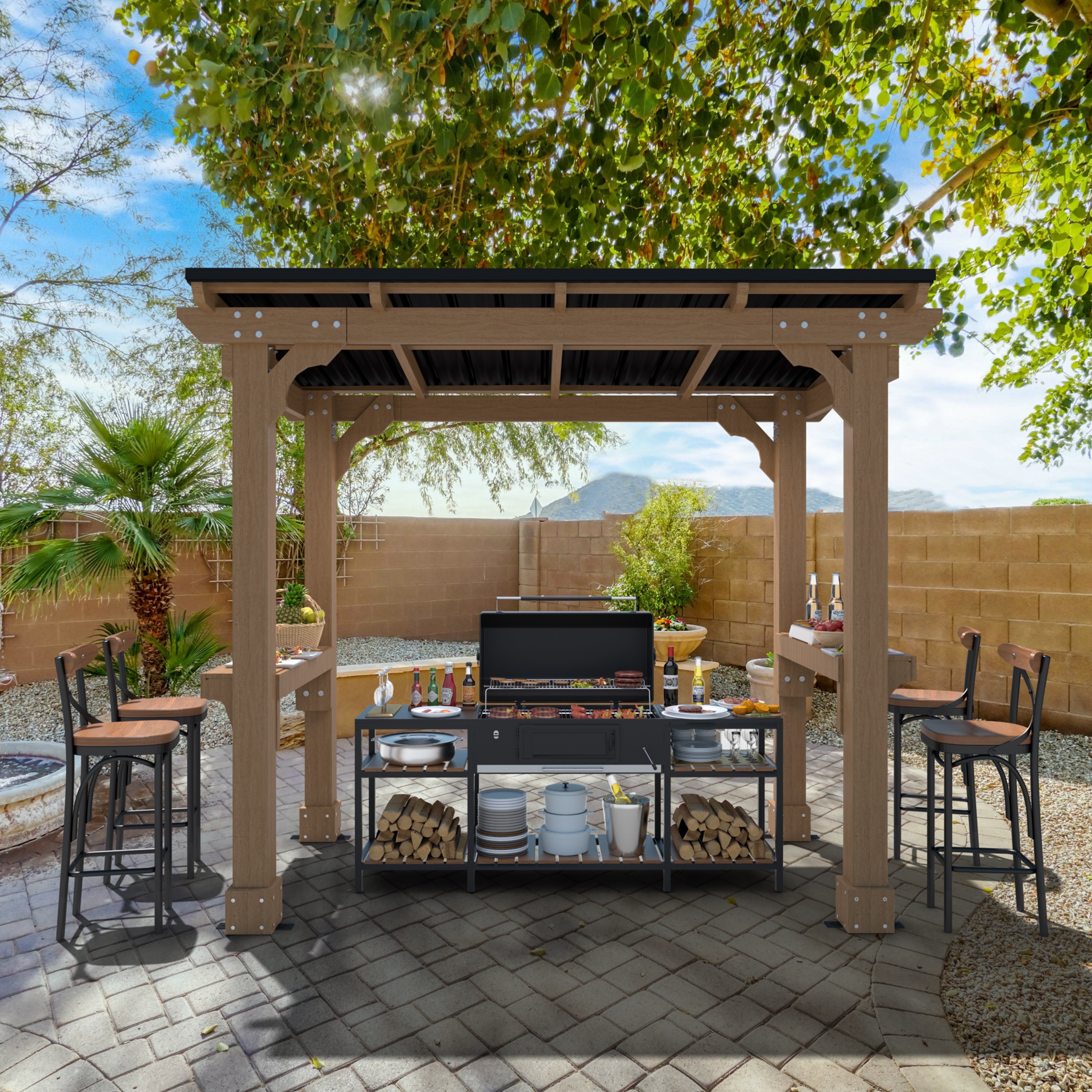 VEIKOUS 8' x 5' Outdoor Hardtop Gazebo, BBQ Grill Gazebo W/ Workstation Shelves for Lawn, Garden, Deck