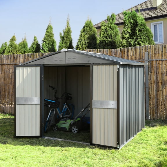VEIKOUS 8'x10' Outdoor Storage Shed, Metal Tool Storage Sheds 80 sq ft, w/Lockable Door & Air Vent, Suitable for Garden, Patio, Gray