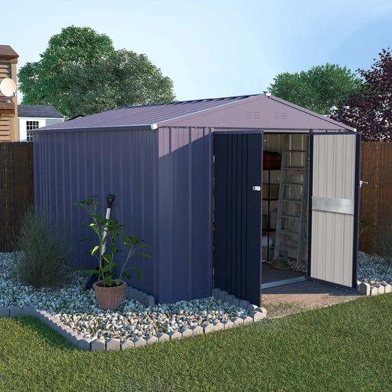 VEIKOUS 8'x12' Outdoor Storage Shed, Metal Tool Storage Sheds, w/Lockable Door & Air Vent, Suitable for Garden, Patio, Gray