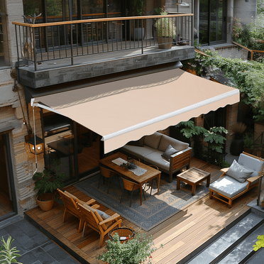 VEIKOUS 8'x7' Retractable Patio Awning Sun Shade Cover with Manual Crank, Beige
