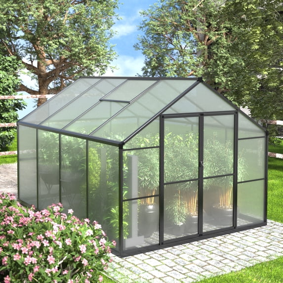 VEIKOUS 8'x8' Walk-In Greenhouse W/Aluminum Frame, Lockable Dual Doors, Adjustable Roof Window, Wind-Resistant Greenhouse for Patio, Backyard