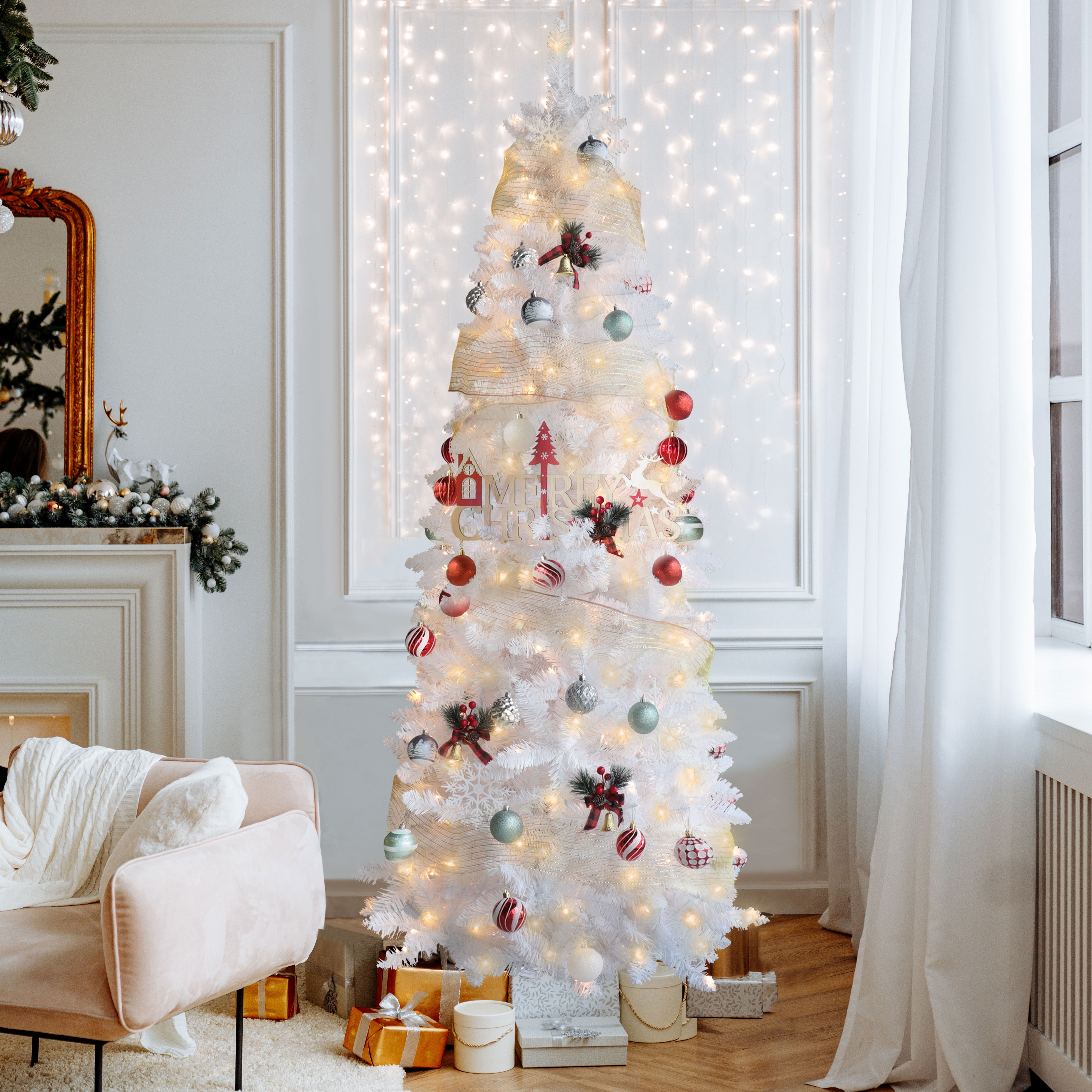8ft Pre Lit Slim Pencil Christmas Tree with 350 LED Lights White