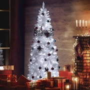 VEIKOUS 8ft Christmas Tree, Pre-lit Slim Pencil Tree for Decoration W/ 350 LED Lights & Metal Stand, White