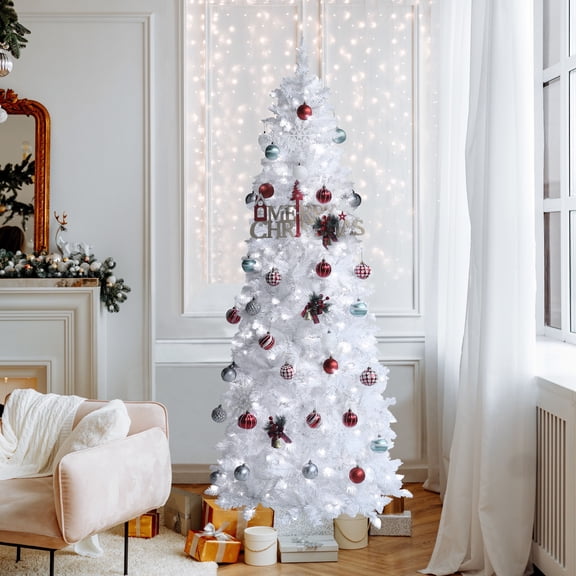 VEIKOUS 7.5ft Pre-lit Christmas Pencil Tree Snow Flocked for Holiday Decoration w/ 350 LED Lights, White