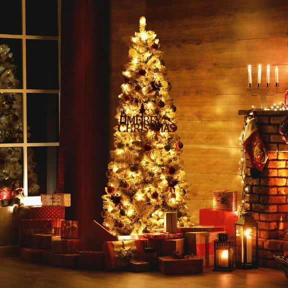 VEIKOUS 7.5ft Slim Christmas Tree, Pre-Lit Xmas Tree Snow Flocked for Holiday Decor W/300 LED Lights & 800 Tips