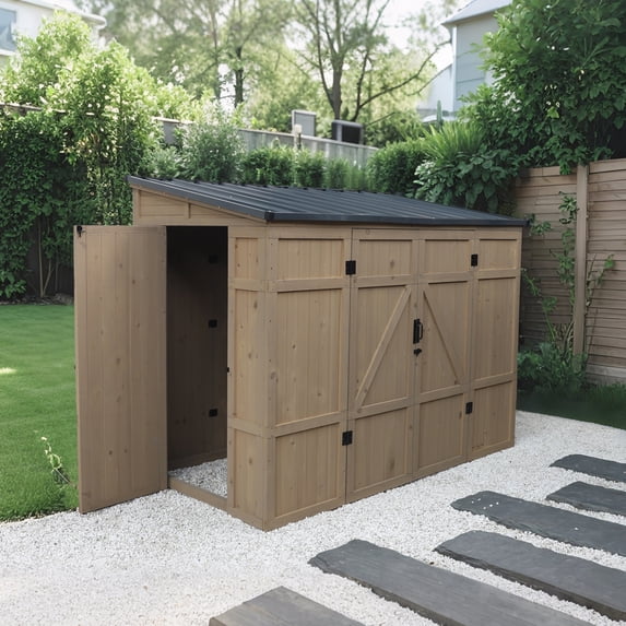 VEIKOUS 8ft x 4ft Wood Storage Shed W/Sloped Roof and Lockable Doors for Tool, Bike Shelter, Brown