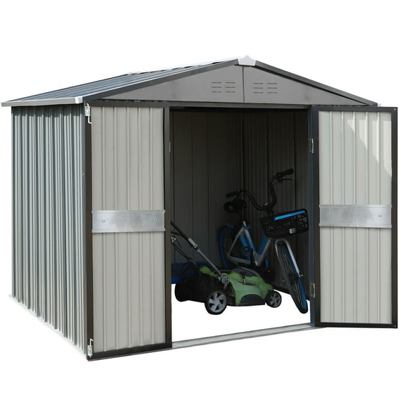 VEIKOUS 8ft x 8ft Outdoor Storage Shed, Galvanized Steel Storage House w/Lockable Sliding Door, Gray