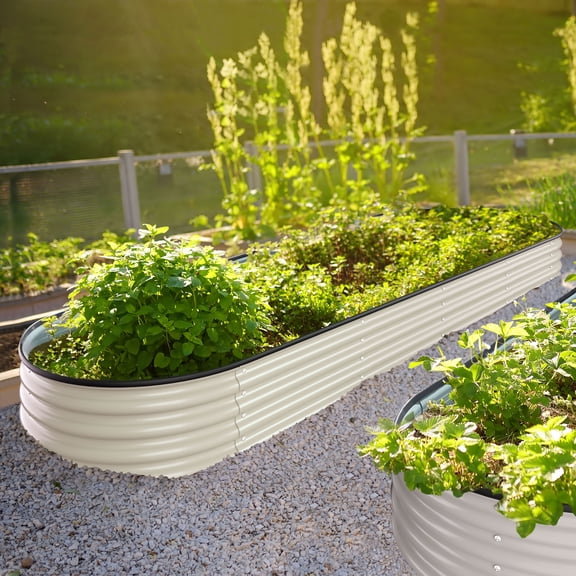 VEIKOUS 9-in-1 Modular Galvanized Steel Raised Garden Bed with 9 Flexible Layouts & Safe Edge Design, 8'x2'x1' Planter Box for Outdoor Gardening, Ivory White